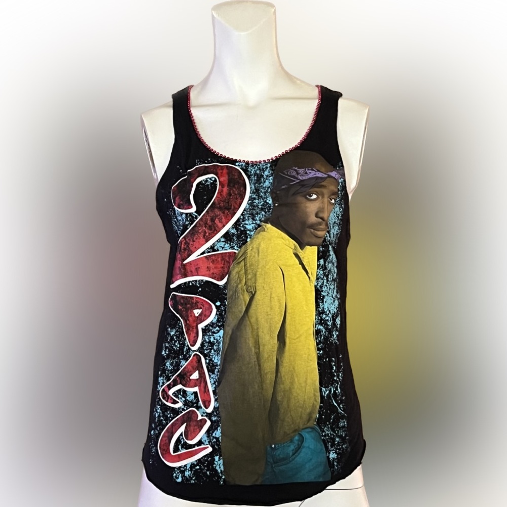 2PAC Tupac Shakur Black Tank Top + Red Beaded Neck W Size S Honor “Dear Mama”